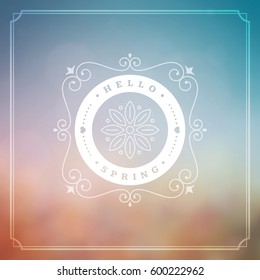 Spring Vector Typographic Greeting Card or Poster Design. Beautiful Blurred Lights with Bokeh and Flower Field. Spring Badge vector illustration.