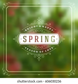 Spring Vector Typographic Greeting Card or Poster Design. Beautiful Blurred Lights with Bokeh. Spring Badge vector illustration.
