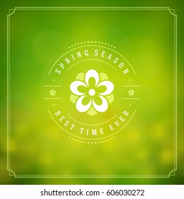 Spring Vector Typographic Greeting Card or Poster Design. Beautiful Blurred Lights with Bokeh. Spring Badge vector illustration.