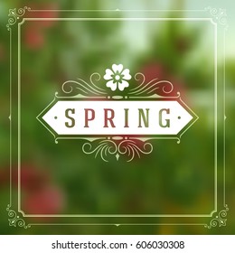 Spring Vector Typographic Greeting Card or Poster Design. Beautiful Blurred Lights with Bokeh. Spring Badge vector illustration.