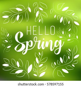 Spring vector typographic poster. Beautiful blurred lights with wreath, branches, leaves