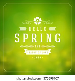 Spring Vector Typographic Poster or Greeting Card Design. Beautiful Blurred Lights with Bokeh and Flower Field. Spring Background, Spring Label, Spring Flowers, Spring Sale, Spring Advertising. 