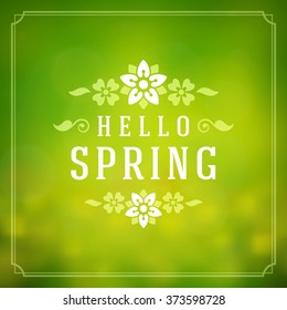 Spring Vector Typographic Poster or Greeting Card Design. Beautiful Blurred Lights with Bokeh and Flower Field. Spring Background, Spring Label, Spring Flowers, Spring Sale, Spring Advertising. 