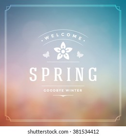 Spring Vector Typographic Poster or Greeting Card Design. Beautiful Blurred Lights with Bokeh and Flower Field. Spring Background, Spring Label, Spring Flowers, Spring Sale, Spring Advertising. 