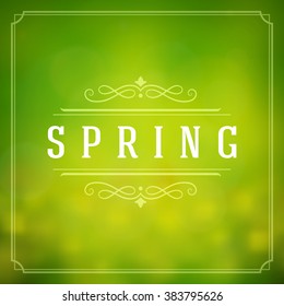 Spring Vector Typographic Poster or Greeting Card Design. Beautiful Blurred Lights with Bokeh and Flower Field. Spring Background, Spring Label, Spring Flowers, Spring Sale, Spring Advertising. 