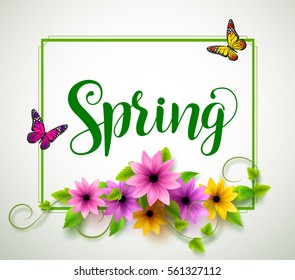Spring vector typography with colorful flowers, leaves, vines and butterflies in a boarder with white background. Vector illustration.
