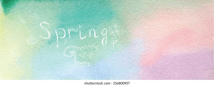 "Spring" vector watercolor lettering. Abstract hand drawn watercolor background, vector illustration. Watercolor composition for scrapbook elements with empty space for text message.