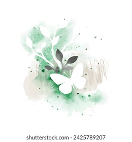 Spring vector watercolor stylish illustration with branches and butterflies isolated on white background. Romantic hand drawn abstract nature design for print, poster, banner, card
