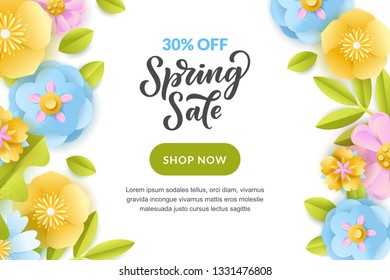 Spring vector white material background with paper cut leaves, flowers and hand drawn calligraphy lettering. Sale banner, flyer or poster design template.