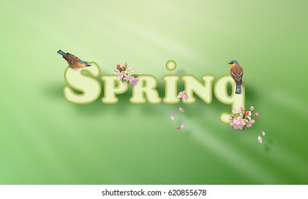 Spring vector word with two birds, pink flowers and falling petals