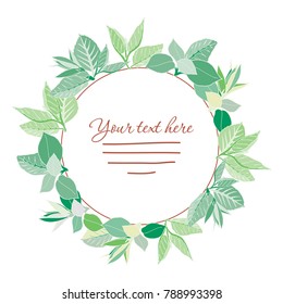 Spring vector wreath with first green leaves. May be used as a template for cards design, invitations, menu. Many isolated hand drawn elements will help you in your design works.