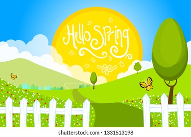 Spring Vectoral Background and Handmade Font Hello Spring Typograpy. 