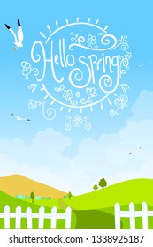 Spring Vectoral Background and Handmade Font Hello Spring Typograpy. 