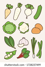 Spring vegetables collection: parsnip, sugar beet, turnip, cucumber, cabbage, cauliflower, potato, kale, garlic, spring onion, green bean, pea, rhubarb. Organic product of nature  vector illustration.