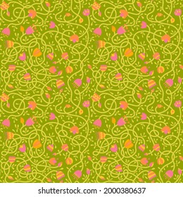 Spring vegetation seamless pattern. Vector doodle illustration with flowers for textile, fabric and background