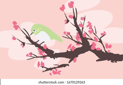 Spring Vernal Equinox day celebration card template. Cherry blossom sakura and japanese white eye bird. Vector illustration. Caption translation: Vernal Equinox Day