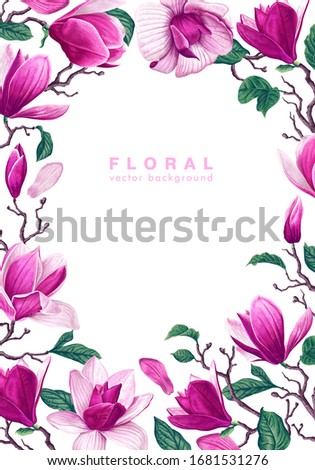 Spring vertical backdrop with pink magnolia flowers, leaves and petals. High detail, vector flower on white background. Seasonal realistic illustration for greeting cards, sesonal sale banner template