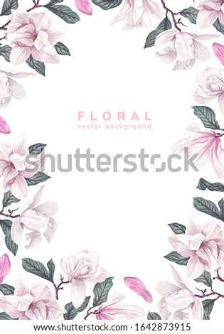 Spring vertical backdrop with white magnolia flowers, leaves and petals. High detail,vector flower on white background. Seasonal realistic illustration for greeting cards, sesonal sale banner template
