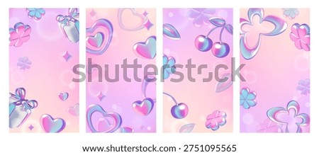 Spring vertical backgrounds set. Y2k gradient pink, purple and blue posters with holographic flowers, butterflies and hearts. Vector illustration.
