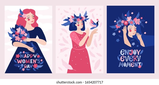 Spring vertical greeting card or banner for a happy women's day. Romantic women against a pink sky with handwritten lettering. Vector flat illustration for March 8. Beautiful female images in close-up