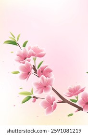 Spring vertical illustrations design pink peach blossoms on a light background