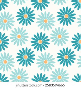 Spring vibe camomile, blue flowers pattern on pastel background.
