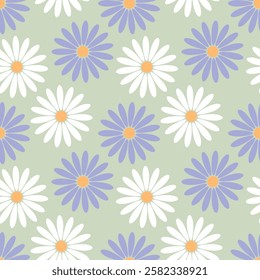 Spring vibe camomile flowers pattern on pastel background, white and lilac colors.