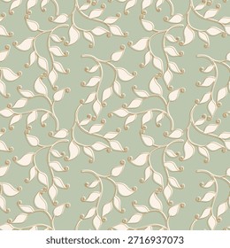 Spring Vibe. Lace leaves pattern in pastel tones, gold and green. Textile, background, wallpaper, packaging.