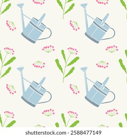 Spring vibe. Pattern with garden watering can and pink berry, green twigs. Work in spring garden and vegetable garden, planting and watering. . Vector illustration