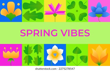 Tarjeta de vibraciones de primavera. Resumen de flores planas minimalistas geométricas y hojas en formas simples y coloridas. Creativo estilo bauhaus moderno para afiches, invitación, banner web, fondo, publicidad. Vector