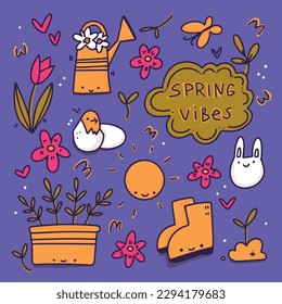 Vibes de primavera. Ilustración de doodle en un estilo lindo. Caracteres de primavera divertidos. Un conjunto de imágenes sobre un tema primaveral