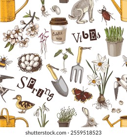 Spring vibes hand drawn seamless pattern