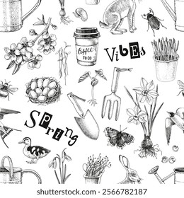Spring vibes hand drawn seamless pattern
