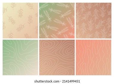 Spring vibes. In love with Nature. Abstract organic vector shapes, leaves, branch, plants. Set of natural template for social media post, cover, poster, greeting card, background. Pastel colors. 