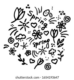 Spring vibes. Marker hand drawn illustration. Cute doodle elemets for digital and print. Black on white
