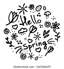 Spring vibes. Marker hand drawn illustration. Cute doodle elemets for digital and print. Hand written text Hello spring.