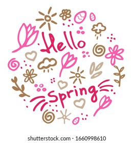 Spring vibes. Marker hand drawn illustration. Cute doodle elemets for digital and print. Hand written text Hello spring.