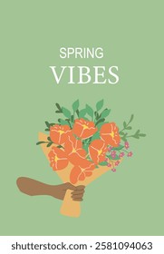 Spring vibes poster with bouquet of orange flowers held by african female hand on green background.