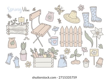 Casa rústica de las vibraciones de la primavera y sistema de jardinería. Dibujos a mano en pastel aislados Garabatos de Elementos de agricultura y floricultura. Ilustración vectorial. No es IA