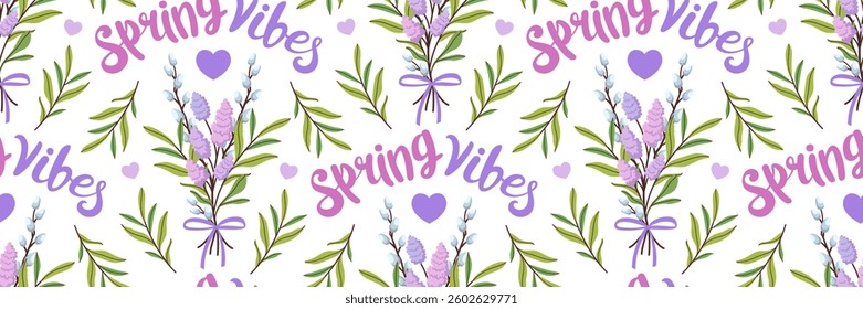 Spring vibes seamless pattern. Delicate floral background. Bouquet of seasonal flowers, willow branches, crocuses and lilac. For wallpaper, textiles, wrapping paper, postcards. Vector illustration.