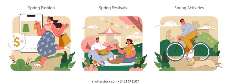 Spring Vibes set. Trendsetting fashion shopping, communal festival joy, and leisure cycling with pets. Vibrant springtime energy.