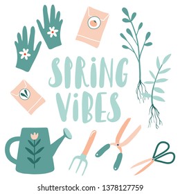 Spring vibes. Vector hand drawn illustrations of gardening. Cute garden work hand drawn elements, tools: gloves, seeds, watering can. Card, print or poster with lettering, hand written text