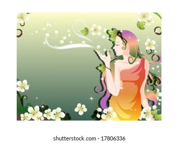 Spring View with beautiful Flora on pretty green background : vector illustration