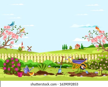 Spring village concept with gardening equipment, fence,windmill, house, blooming trees and bushes, roses, seedling, soil and boots. Backyard landscape with copy space in cartoon flat style for banners