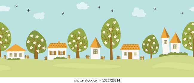 Spring in the village. Country landscape. Seamless border.  There are houses and  blooming trees against the sky with clouds. There are also swallow birds in the picture. Vector flat illustration.