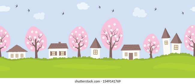 Spring in the village. Country landscape. Seamless border. There are houses and trees against the sky with clouds. There are also swallow birds in the picture. Vector flat illustration.