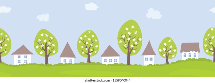 Spring village. Country landscape. Seamless border. There are houses and blooming trees against the sky with clouds. Vector flat illustration