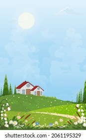 Spring village with a farmhouse and bright light on the sunny day,Vector Summertime landscape of farm field, hill, blue sky with cloudy at the countryside, Vertical Beautiful Natural background banner