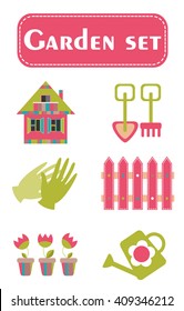 Spring village and garden set isolated on white. Vector Illustration
