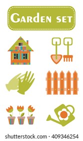 Spring village and garden set isolated on white. Vector Illustration